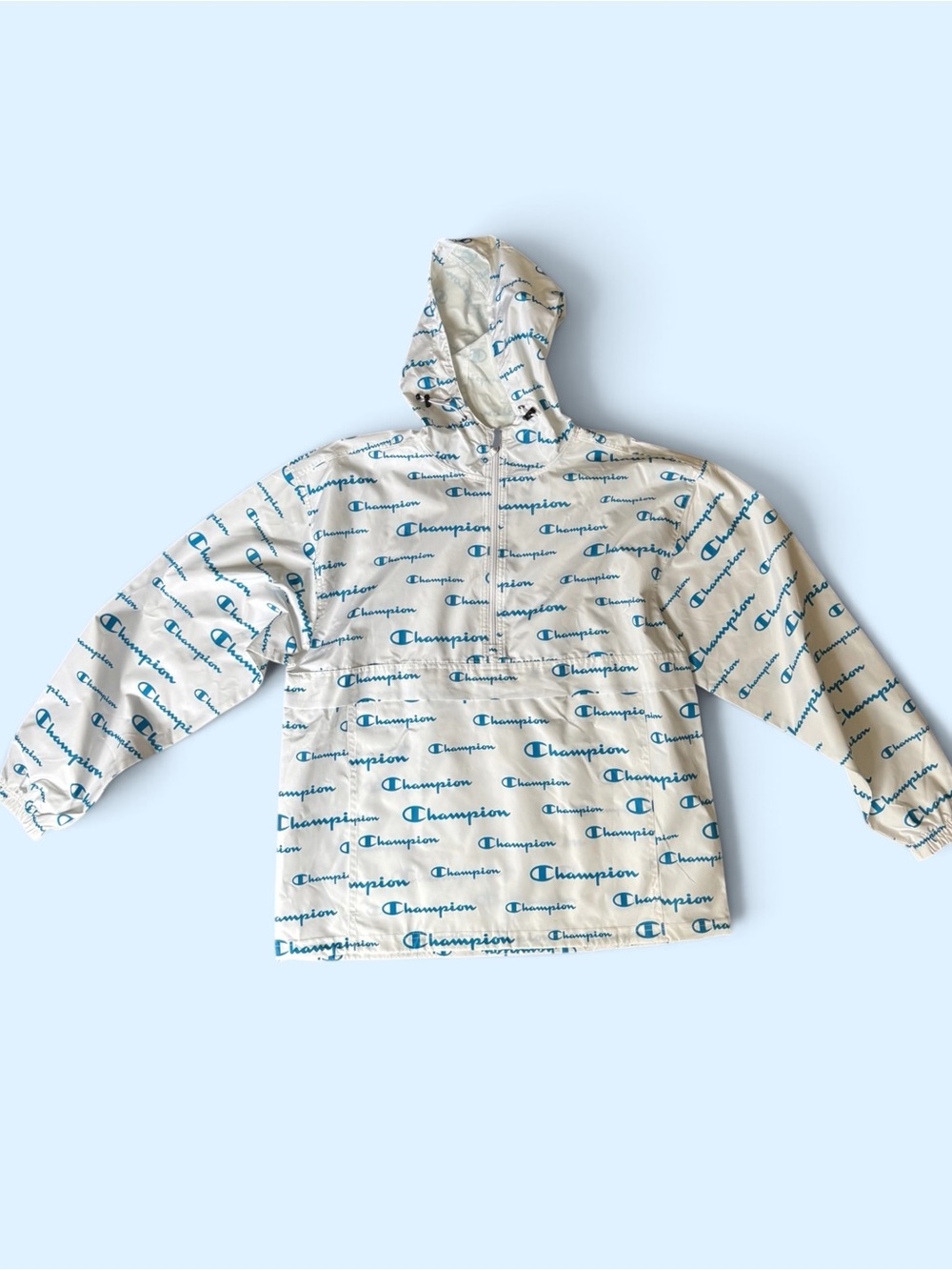 Champion Cream Pullover Hoodie with Blue Logo All-Over Print